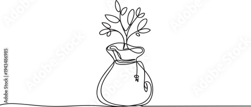 Continuous one line drawing small tree in money bag. Budget planning concept. Single line draw design vector graphic illustration. one line Icon drawing
