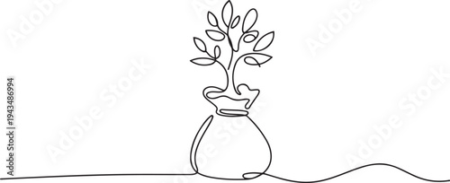 Continuous one line drawing small tree in money bag. Budget planning concept. Single line draw design vector graphic illustration. one line Icon drawing