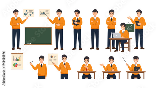 Educator in Various Poses: Set of male teachers in casual wear interacting with charts, notebooks, and laptops against a plain backdrop, depicting various roles.