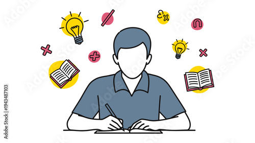 Creative Thought Process: A person engaged in deep thought, surrounded by symbols of inspiration and learning, embodies the essence of creative thinking and education. 