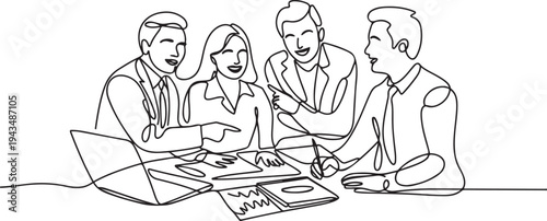 Continuous one line drawing happy business team discussing about event. Event planner concept. one line Icon drawing