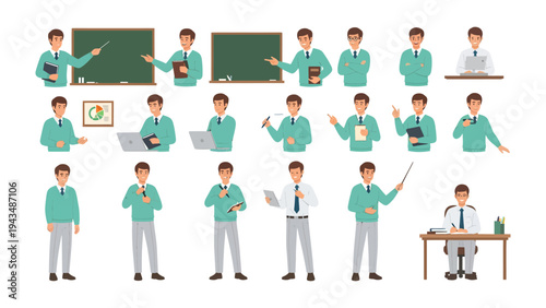 Versatile Instructor: A comprehensive illustration showcasing various poses and activities of a male instructor in a professional setting, featuring a diverse range of instructional tools and methods.