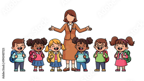 Classroom Welcome: A teacher welcomes a group of smiling children, all in vibrant colors, as they prepare for a day of learning. Capturing the joy and anticipation of children in the classroom.