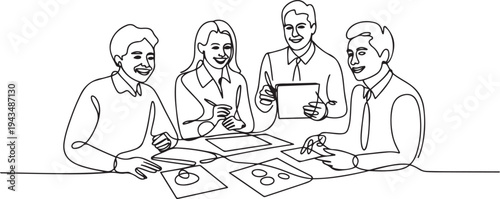 Continuous one line drawing happy business team discussing about event. Event planner concept. one line Icon drawing