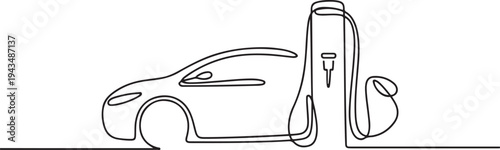 Continuous one-line drawing of the modern electric car chargers. Electric car concept single line draws design graphic vector illustration. one line Icon drawing