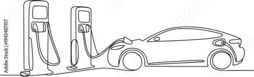 Continuous one-line drawing of the modern electric car chargers. Electric car concept single line draws design graphic vector illustration. one line Icon drawing