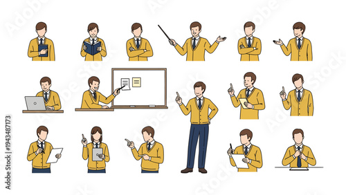 Illustration of Various Business Professionals: a variety of illustrations showcase a person in diverse poses and gestures, offering a comprehensive view of professional interactions and presentation.