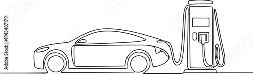 Continuous one-line drawing of the modern electric car chargers. Electric car concept single line draws design graphic vector illustration. one line Icon drawing