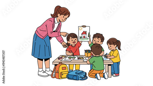 Nurturing Young Minds: A teacher guides a group of enthusiastic children, fostering their creativity and imagination through art and learning.