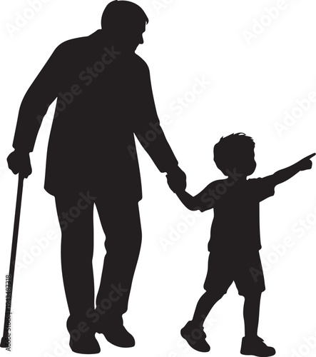 Black silhouette vector of an elderly man with a cane holding hands with a young boy pointing forward