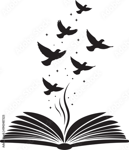 Open book with flying birds and stars vector illustration, concept of knowledge, freedom, and imagination