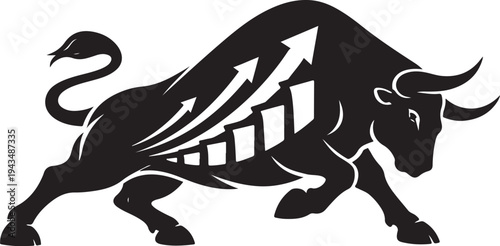 Powerful black bull market vector illustration with rising bar chart and upward arrows, symbolizing growth and success