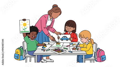 Creative Classroom: A dedicated teacher guides three young students in a vibrant classroom setting, each engrossed in their artistic endeavors, as they explore the joy of drawing, painting.