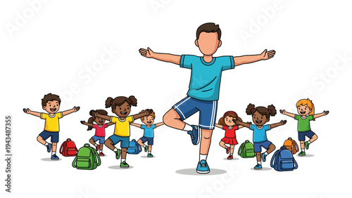 Balancing Act: A group of children follow an instructor, showcasing a delightful scene of unity and balance. Emphasizing the harmony and well-being of a shared activity