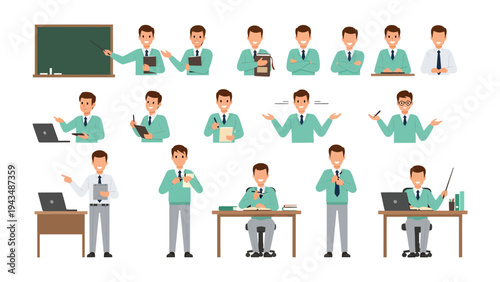 Education & Guidance: A collection of illustrations presenting a male educator in various gestures, poised to instruct, guide, and convey information. 