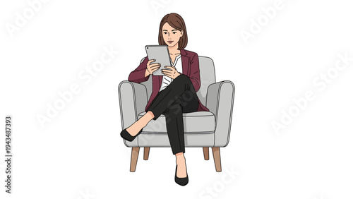 Woman in Armchair with Tablet: A poised woman, elegantly seated in a plush armchair, engrossed in her tablet, radiating an air of sophistication and focused attention.