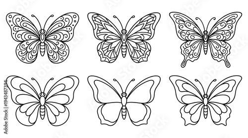 Detailed butterfly line art set for coloring pages and floral design