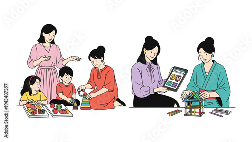 Moments of Nurturing and Learning: A heart-warming illustration of a mother guiding her children in various activities that fosters growth, learning, and playful exploration. 