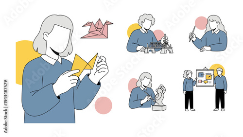 Artisan Craftsmanship Showcase: A collection of illustrations showcasing artisans engaged in various art forms, each dedicated to mastering their craft. The images showcase detailed work.