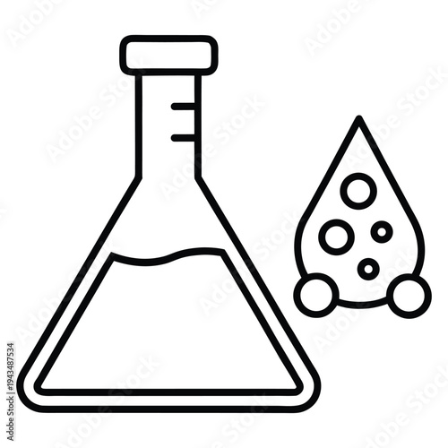 Erlenmeyer flask icon with chemistry liquid droplet and molecules in line art style