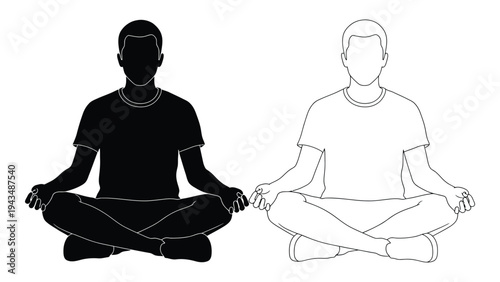 A black and white silhouette of two people meditating