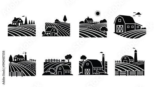 A set of black and white farm scenes