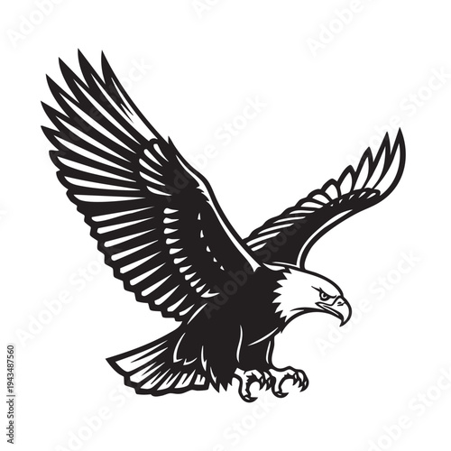 Powerful black and white illustration of a majestic eagle in dynamic flight, wings fully extended and talons poised, symbolizing strength, freedom, and an iconic predatory spirit