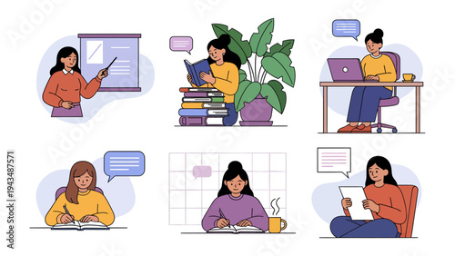 Diverse Learning Moments: A collection of illustrations showcasing various learning and working scenarios, from presentations to focused study.