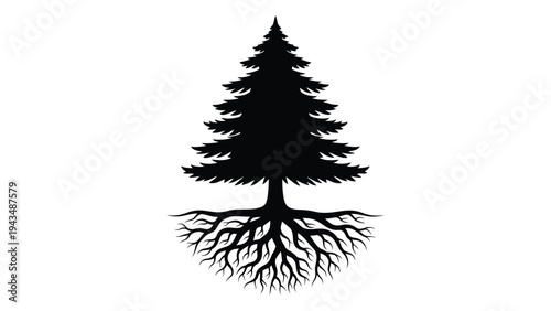 A black silhouette of a pine tree with exposed roots