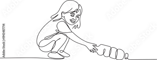 Continuous one line drawing happy girl pick up plastic bottle waste. World environment day concept. one line Icon drawing