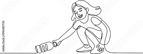 Continuous one line drawing happy girl pick up plastic bottle waste. World environment day concept. one line Icon drawing