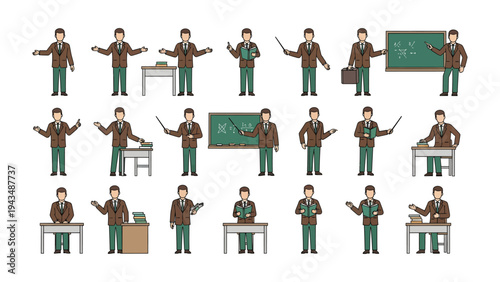 Teacher Poses: A set of illustrations showcases an instructor in various engaging teaching poses, complete with a chalkboard and desk