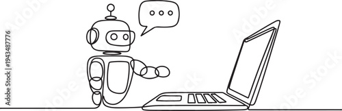 Single one-line drawing robot and bubble chat on a laptop. Chatbot concept continuous line draw design graphic vector illustration. one line Icon drawing