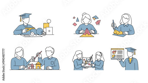 Education and Creativity: A collection of illustrations depicting various educational and creative activities, showcasing different forms of learning and artistic expression.