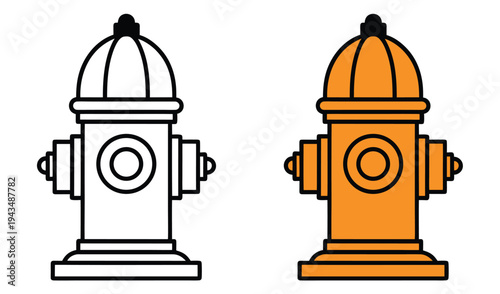 Fire hydrant vector icons in black outline and bright orange flat style for emergency safety signs