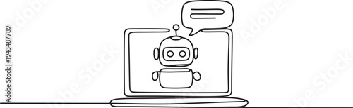 Single one-line drawing robot and bubble chat on a laptop. Chatbot concept continuous line draw design graphic vector illustration. one line Icon drawing