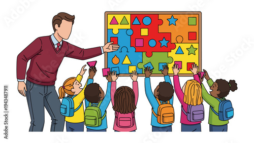 Teaching Puzzle: A caring instructor guides a group of young learners in an interactive puzzle, fostering problem-solving skills and cooperative learning.