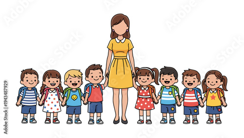 Teacher with Children: A nurturing teacher, surrounded by a circle of joyful children, embodies the essence of education and the nurturing bond between a mentor and their pupils.