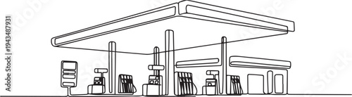 Single one-line drawing of a big gas station in town. Gas station concept continuous line draw design graphic vector illustration. one line Icon drawing
