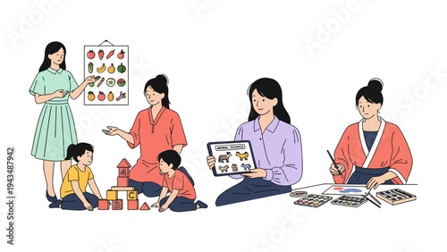 Nurturing Minds and Creativity: A collection of educational illustrations featuring a teacher interacting with students, fostering learning, and inspiring growth in various settings.