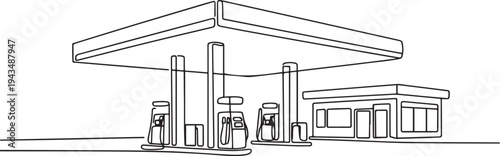 Single one-line drawing of a big gas station in town. Gas station concept continuous line draw design graphic vector illustration. one line Icon drawing