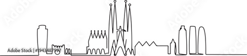 Single one line drawing Barcelona City  skyline, Spain. City concept. Continuous line draw design graphic vector illustration. one line Icon drawing