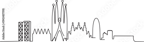 Single one line drawing Barcelona City  skyline, Spain. City concept. Continuous line draw design graphic vector illustration. one line Icon drawing