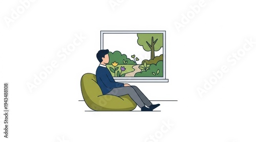 Man in Blue Sweater and Gray Pants Sits on Olive Green Beanbag Chair Looking Through Window at Lush Green Garden Scene With Trees and Flowers