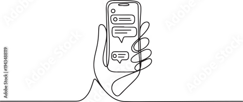 Single one line drawing hand holding smartphone. Social media concept. Continuous line draw design graphic vector illustration. one line Icon drawing
