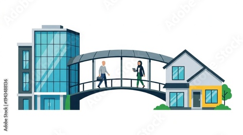 Two Business People Walking Across a Sky Bridge Connecting Modern Office Building and Residential House Illustration