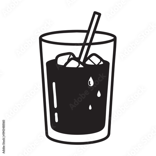 Simple black and white illustration of a refreshing cold drink with ice cubes and a straw, perfect for summer promotions and beverage advertising