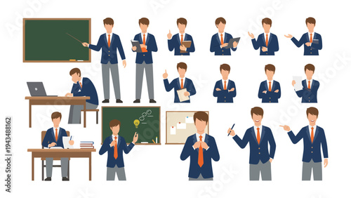 Academic Attire: A compilation of illustrations showcasing an educator in various dynamic poses within a scholastic environment.