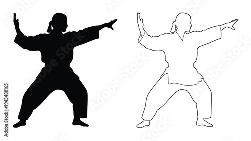 A person in a martial arts stance with arms outstretched