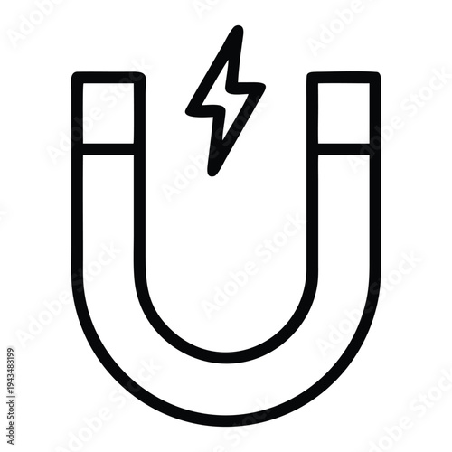 Horseshoe magnet with lightning bolt, simple, clean, black and white vector